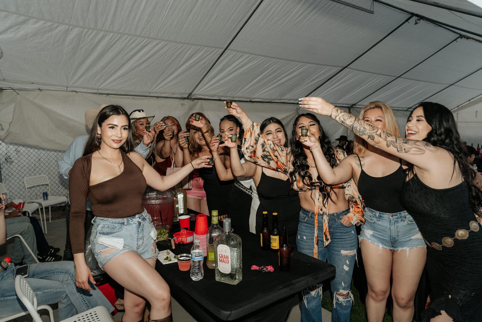 Friends toasting at a lively SoCal celebration under a party tent